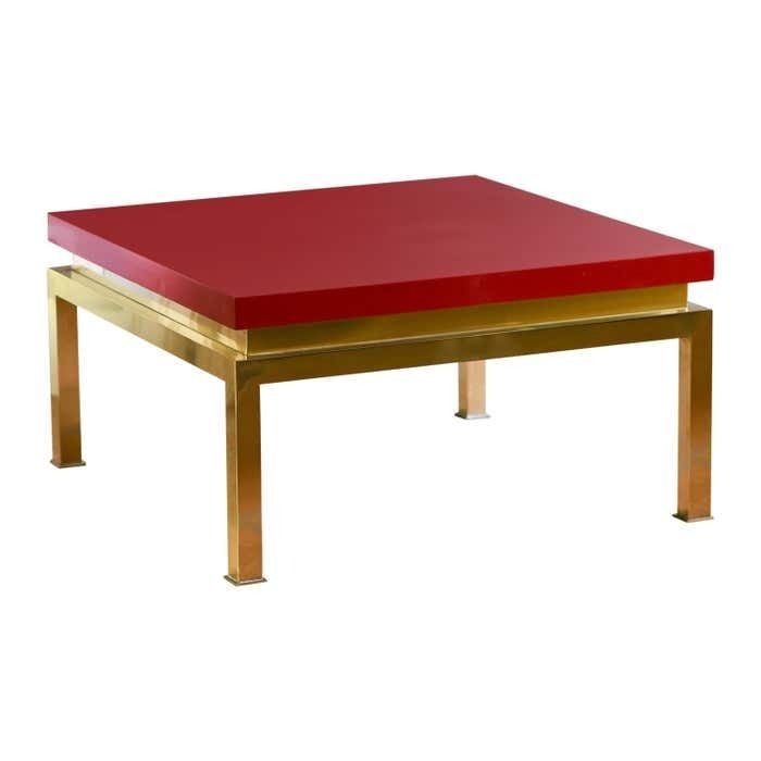 China Red Lacquered Coffee Table With Brass Structure Tommaso Barbi Italy 1980