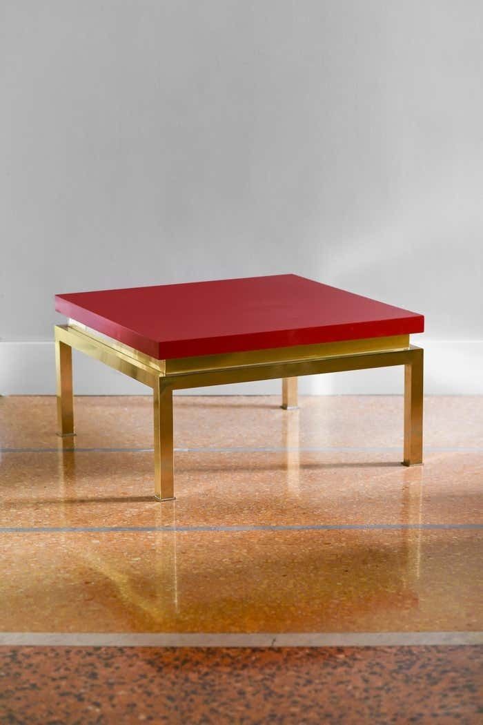 China Red Lacquered Coffee Table With Brass Structure Tommaso Barbi Italy 1980 photo furniture