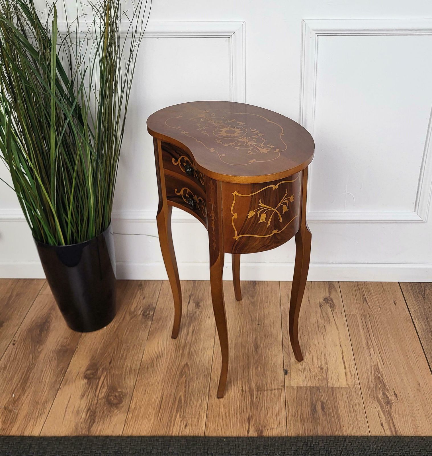 Italian Antique Marquetry Kidney Shaped Walnut Side Table With Two Drawers photo buy