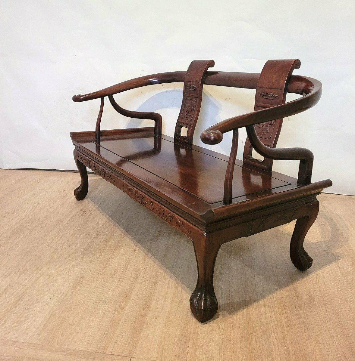 Chinese Carved Wood Bench, Late 19th Early 20th Century photo vintage