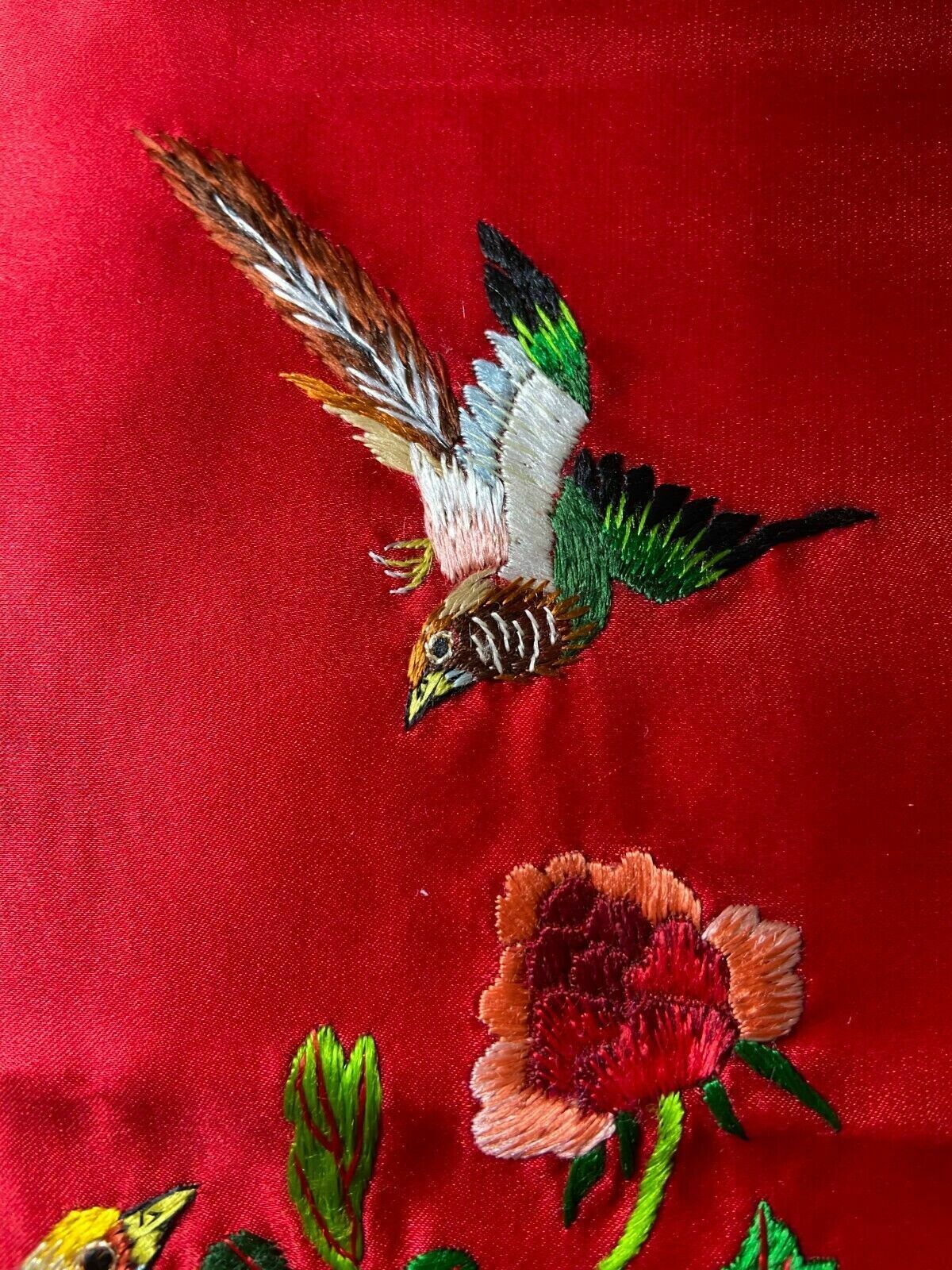 Antique Chinese Silk Hand Embroidery With A Pair Of Birds, Mudan Flower And Ston photo Textiles