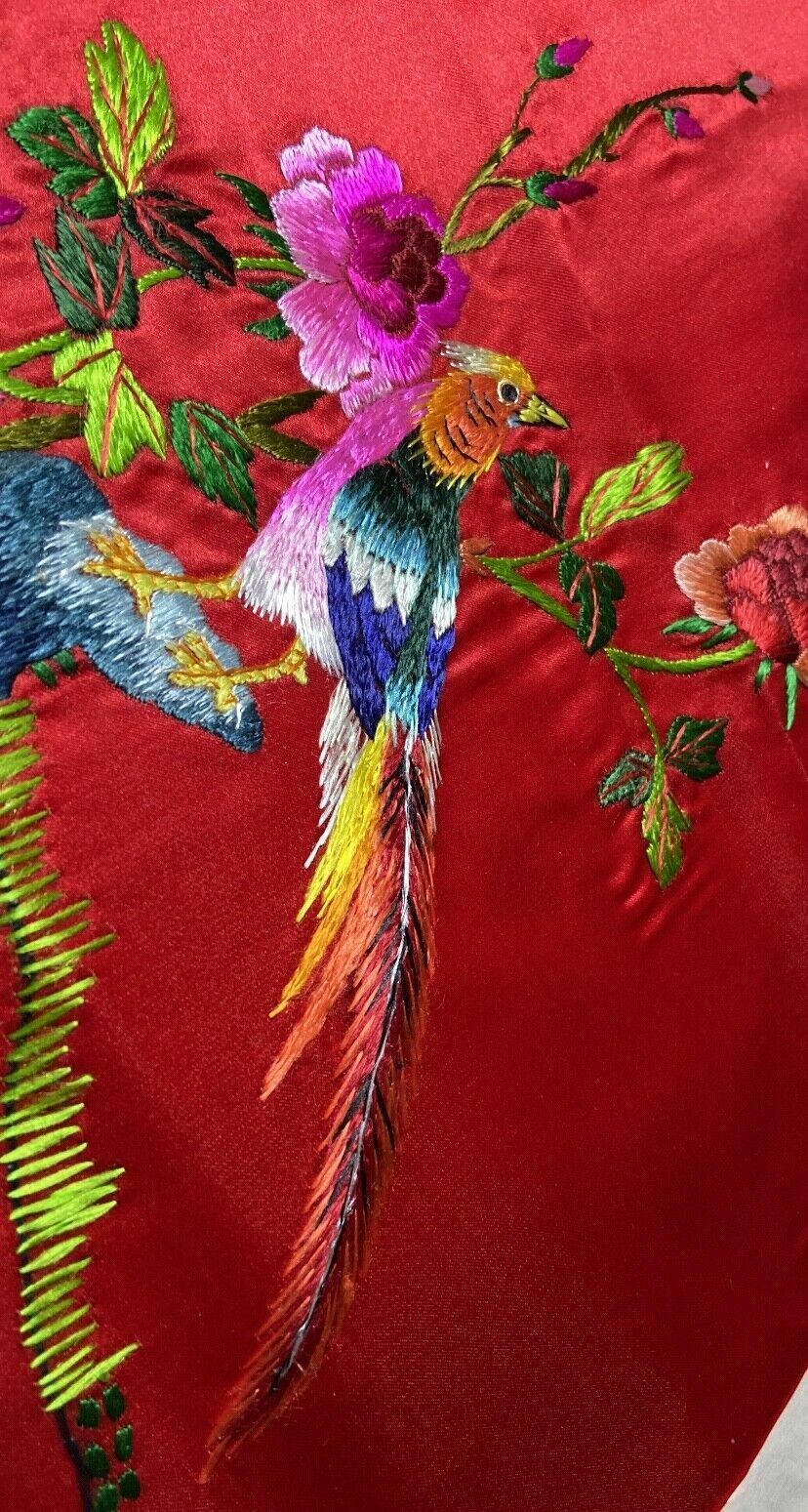 Antique Chinese Silk Hand Embroidery With A Pair Of Birds, Mudan Flower And Ston photo 56.0