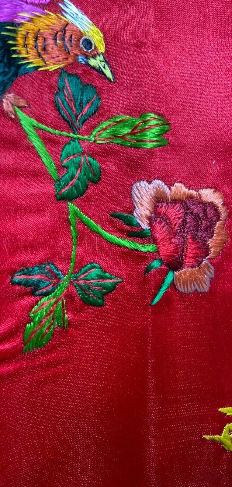 Antique Chinese Silk Hand Embroidery With A Pair Of Birds, Mudan Flower And Ston photo vintage