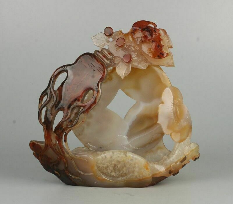 Chinese Agate/Carnelian Carving A Ginseng Bat, Antique Chinese Money Statue