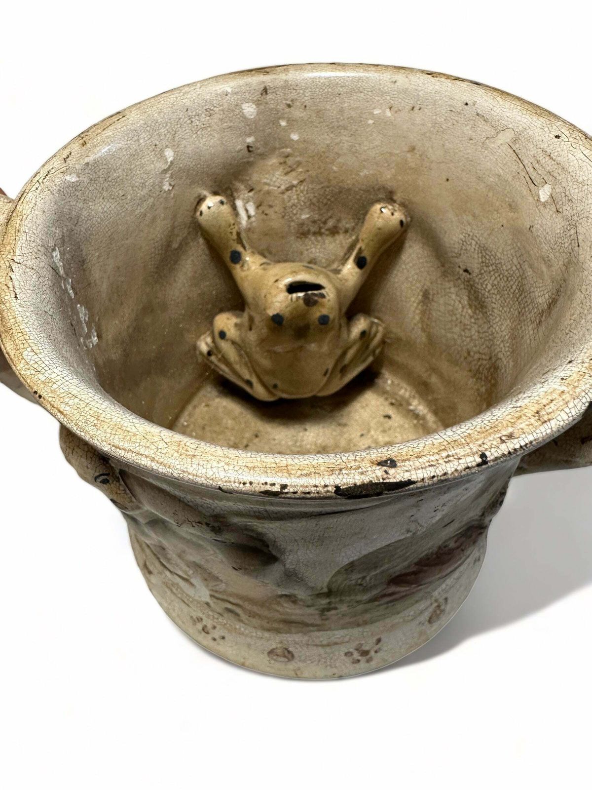 Early Antique Staffordshire Earthenware Pottery Double Handled Toad Mug With Hunting Dogs/Scenes Circa 1775 photo for sale