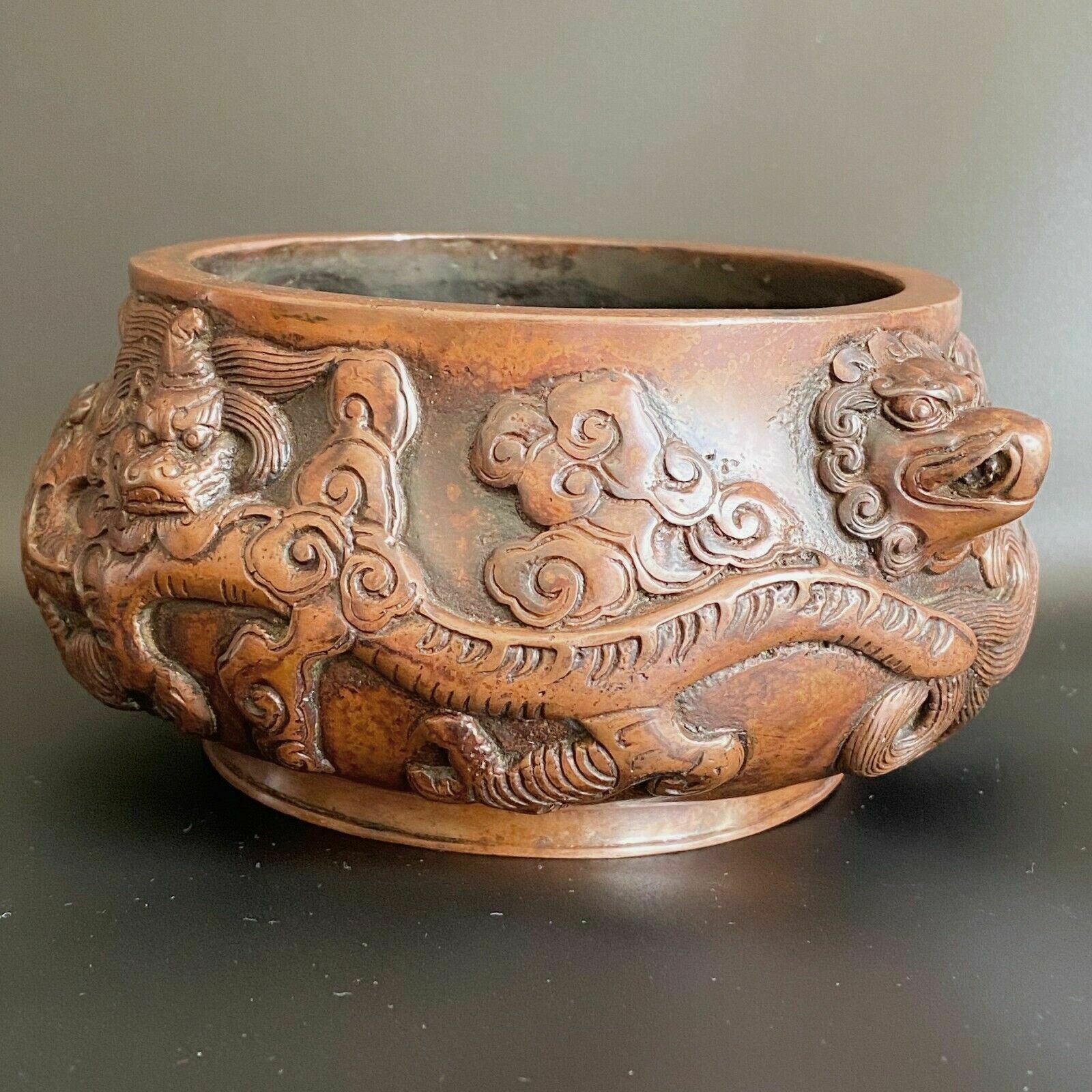 Chinese Bronze Incense Burner Censer Decorated Relief Archaic Dragon And Beast photo vinterior