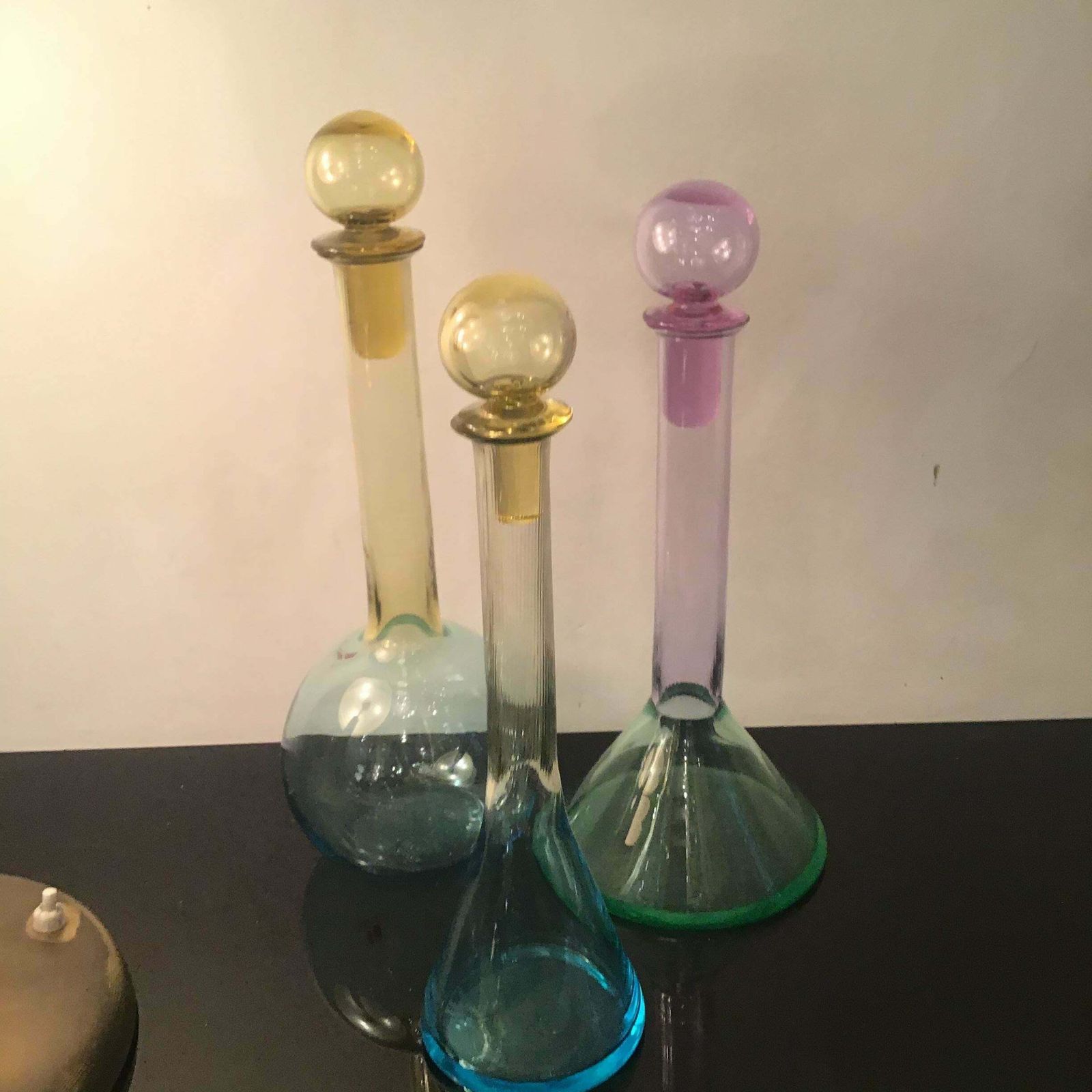 photo furniture Carlo Moretti Set Of 3 Red White Rose' Wine Bottles Murano Glass 1970 Italy