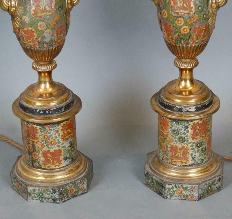 A Very Rare Pair Of French Toleware Lamps photo for sale