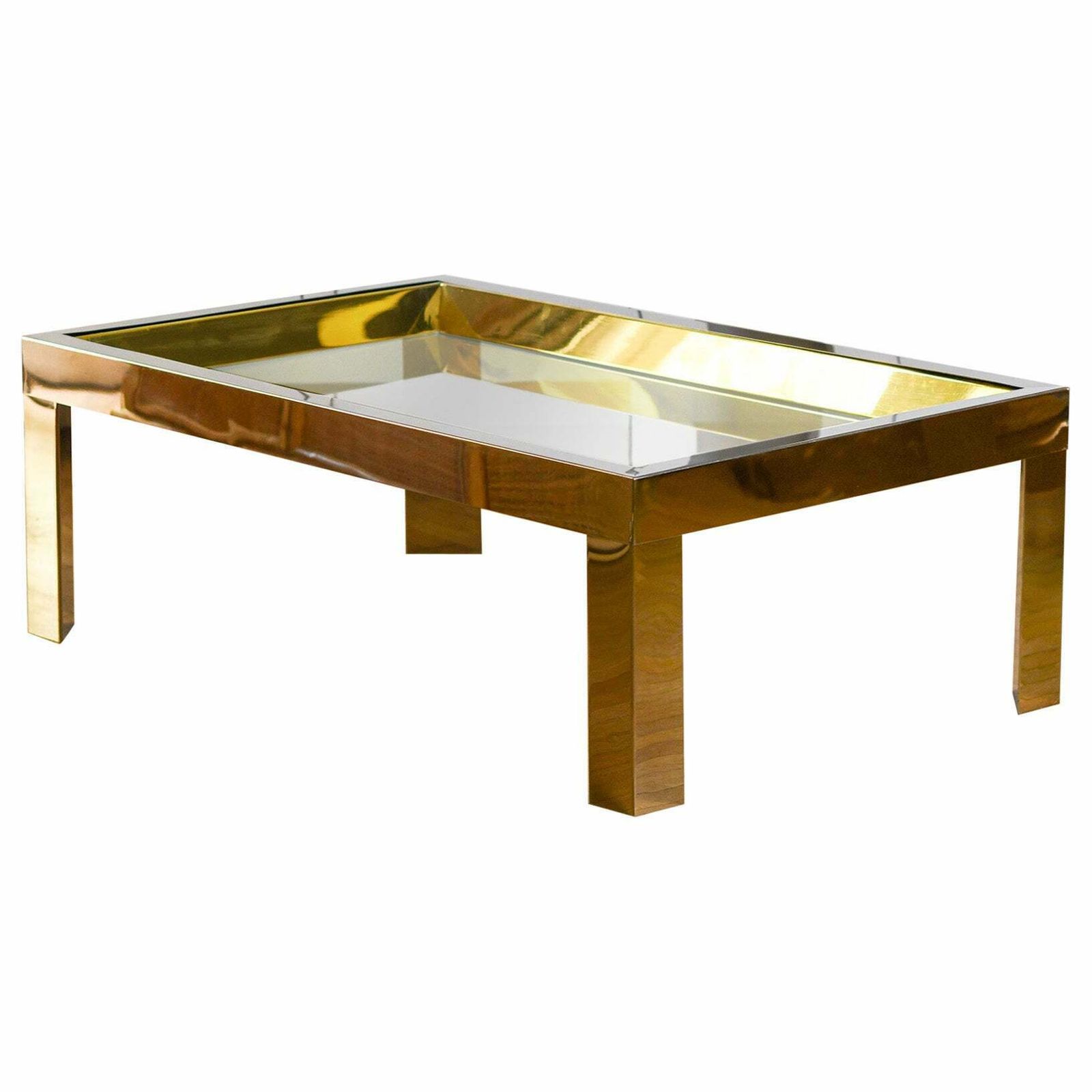 Coffee Table In Brass And Chromed Metal With Glass Top, Italy 1970