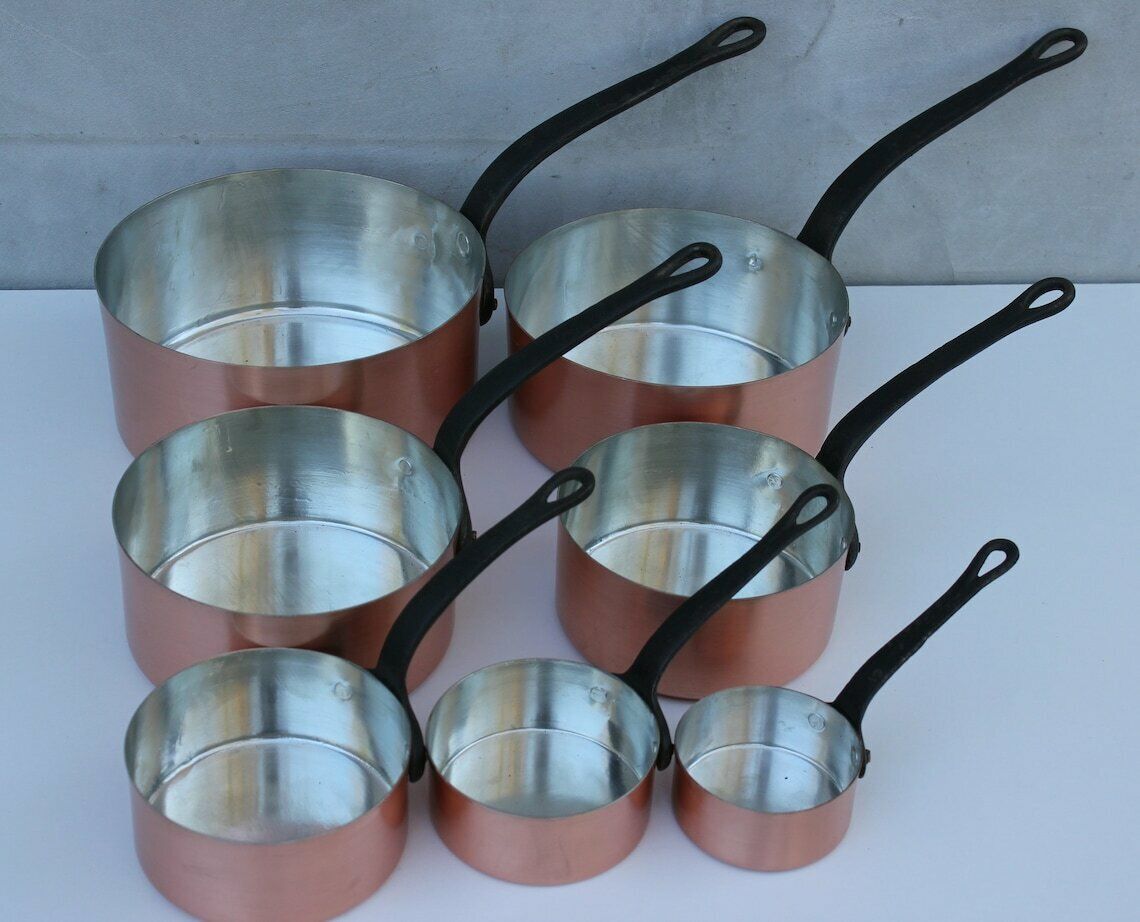 Vintage Copper Pans, Set Of Seven Saucepans With Metal Handles, Rustic Kitchen Utensils And Decoration