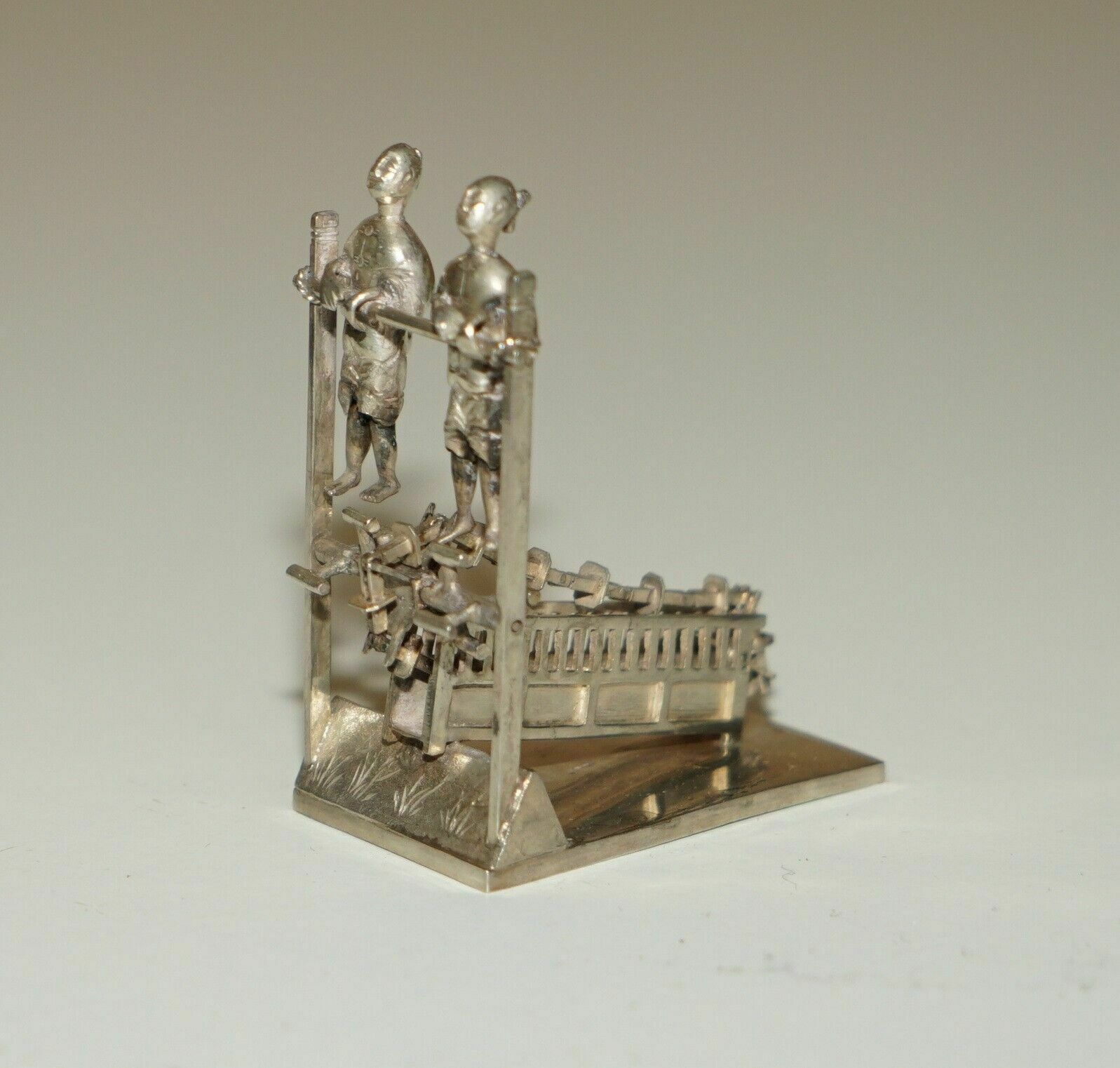 Antique Circa 1890 Chinese Sterling Silver Statue Of Men Peddling With A Chain