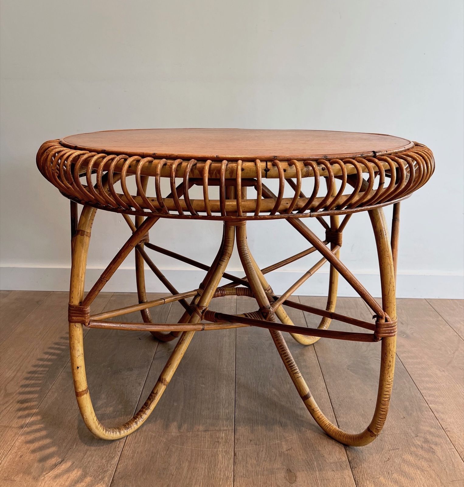 Round Rattan Coffee Table In The Taste Of Franco Albini photo for sale