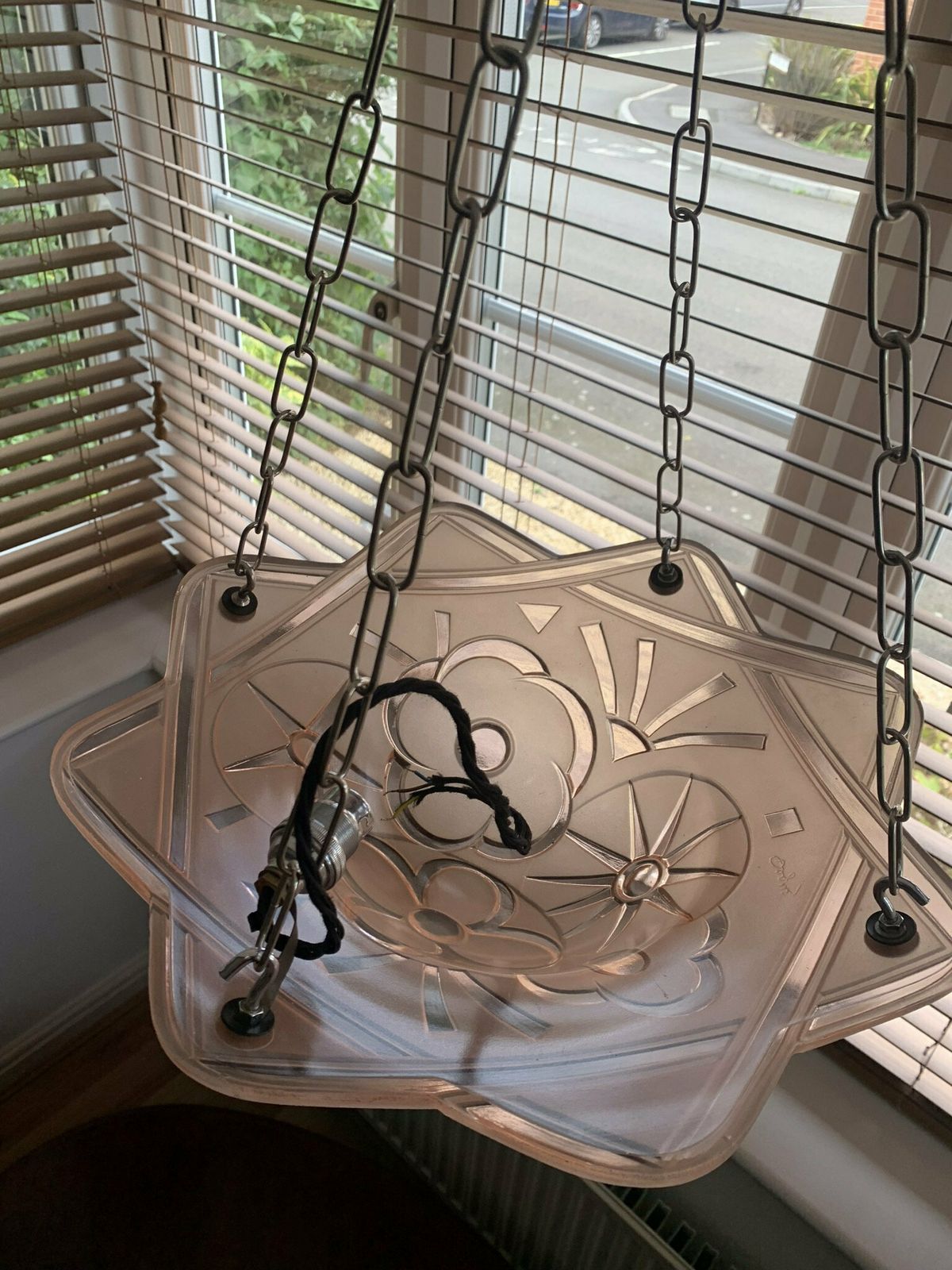Seriously Gorgeous Original Antique Art Deco Plaffonier/Flycatcher/Cauldron/Chandelier By Degue In Frosted Pink Glass. Superb photo furniture