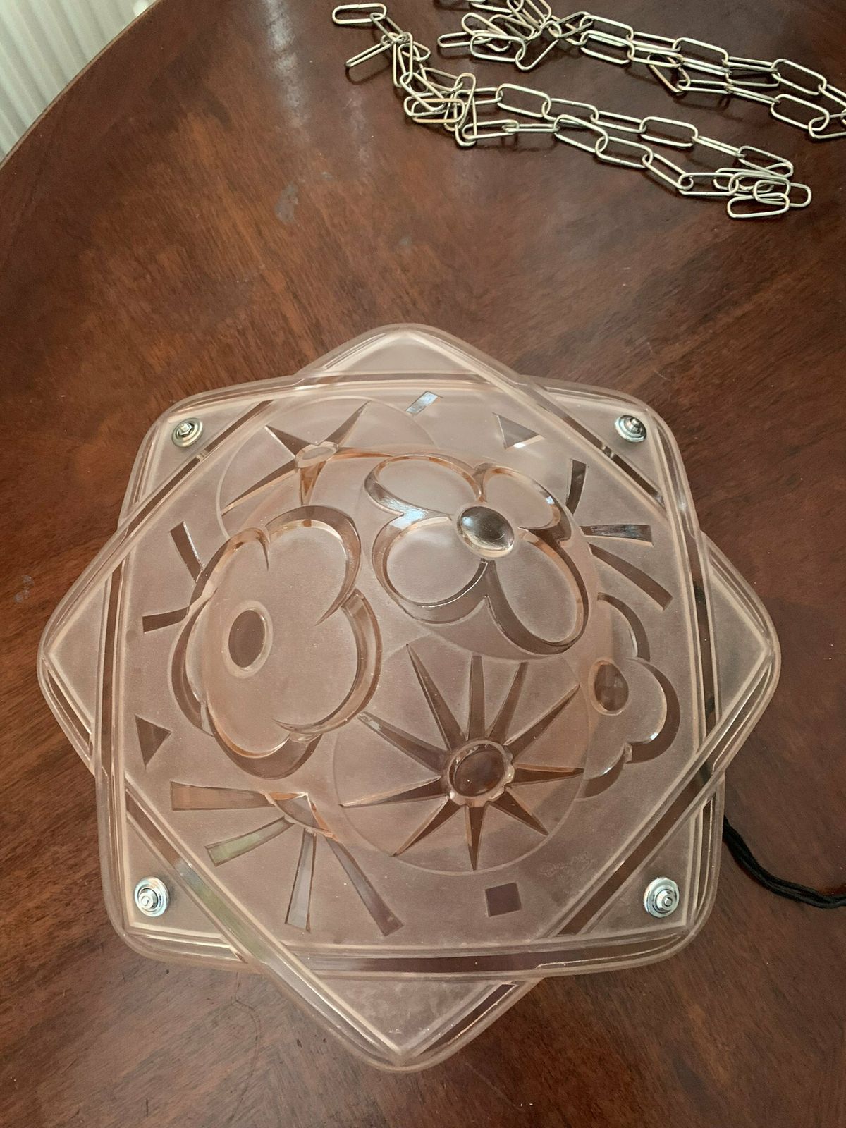 photo furniture Seriously Gorgeous Original Antique Art Deco Plaffonier/Flycatcher/Cauldron/Chandelier By Degue In Frosted Pink Glass. Superb