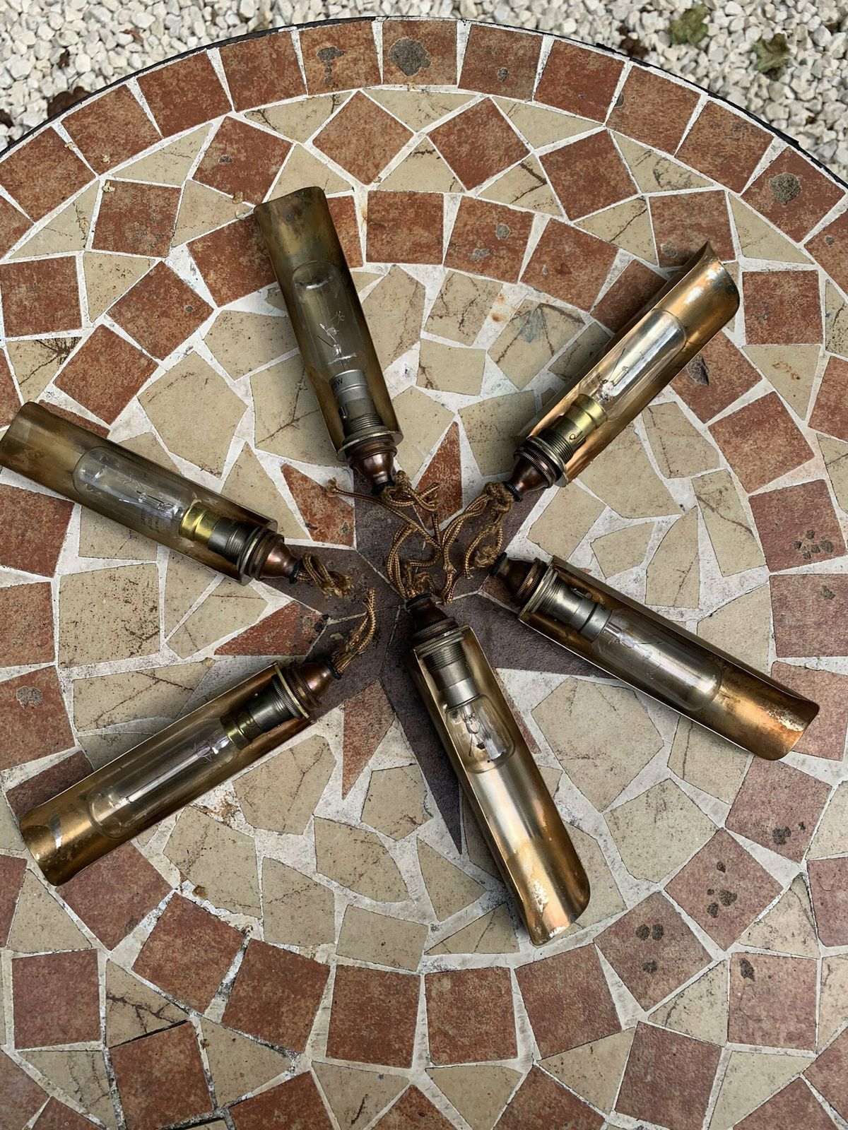 A Rare Set Of Six Original Art Deco Wall Lights/Sconces Trench Art ‘Bullet Lights’ In Solid Brass 35 Cal Shell Casings photo for sale