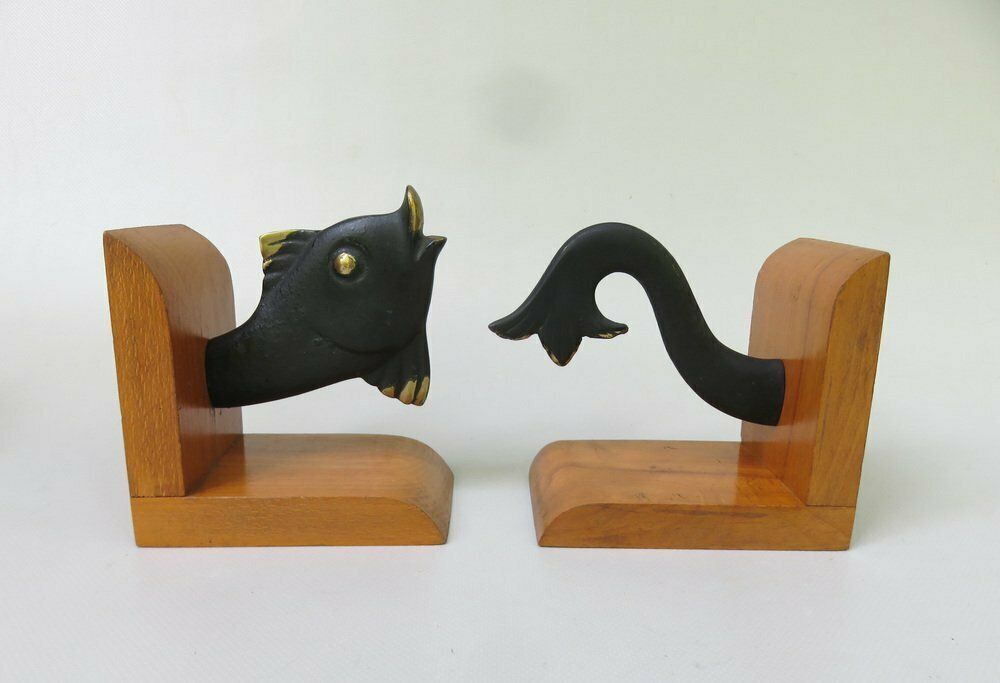 Fish Bookends In Bronze Black And Teak In The Style Of Walter Bosse 1950s Set Of 2 photo for sale