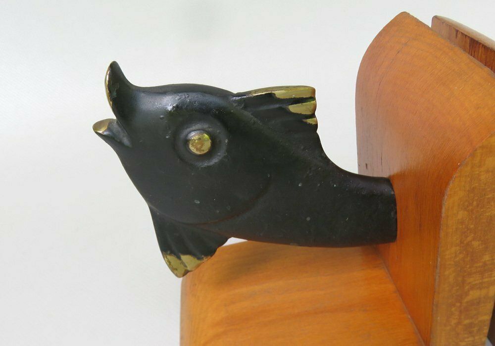 1354.05 Fish Bookends In Bronze Black And Teak In The Style Of Walter Bosse 1950s Set Of 2 photo