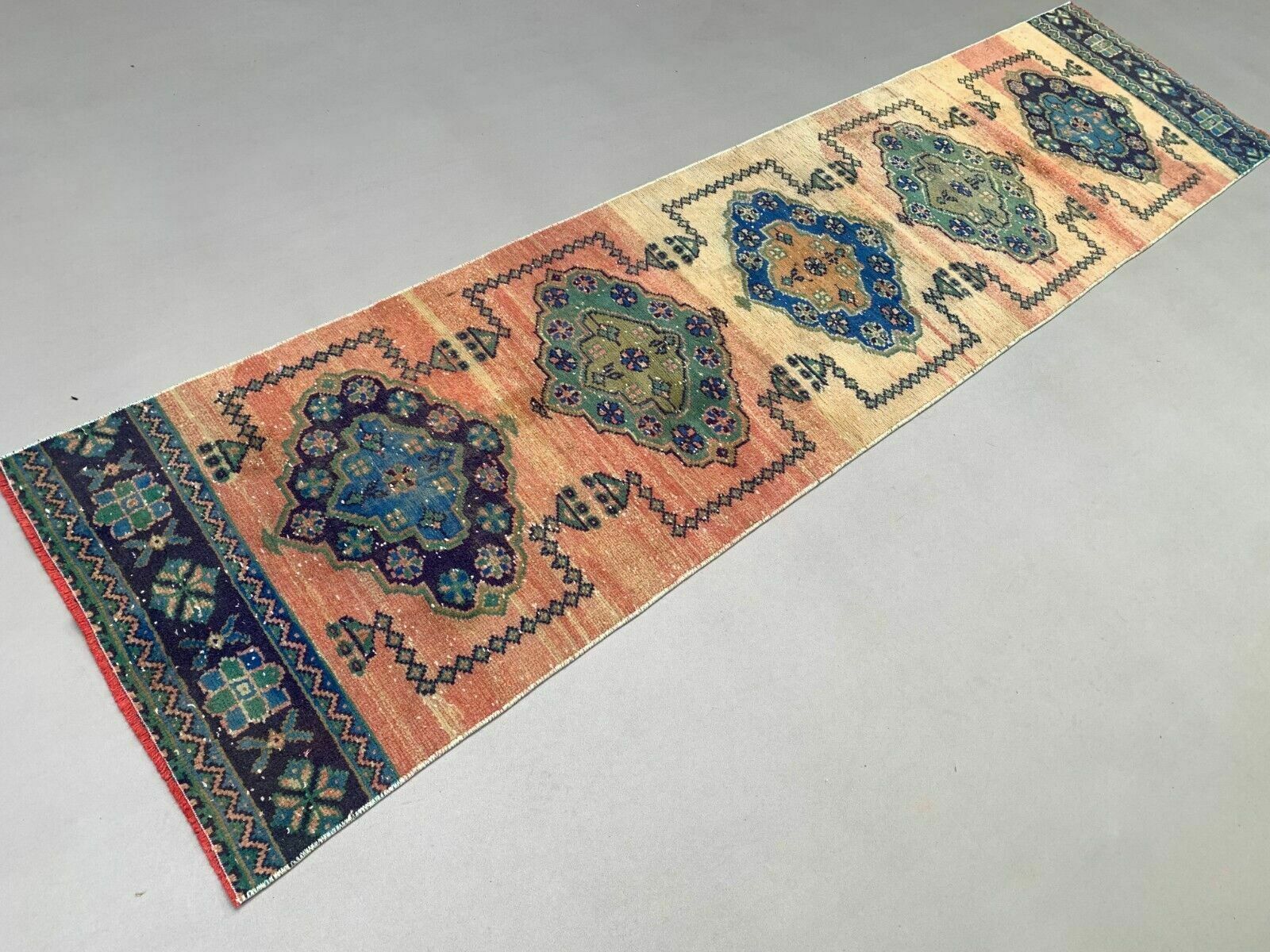 Distressed Turkish Runner 335x81 Cm Wool Vintage Tribal Rug photo for sale
