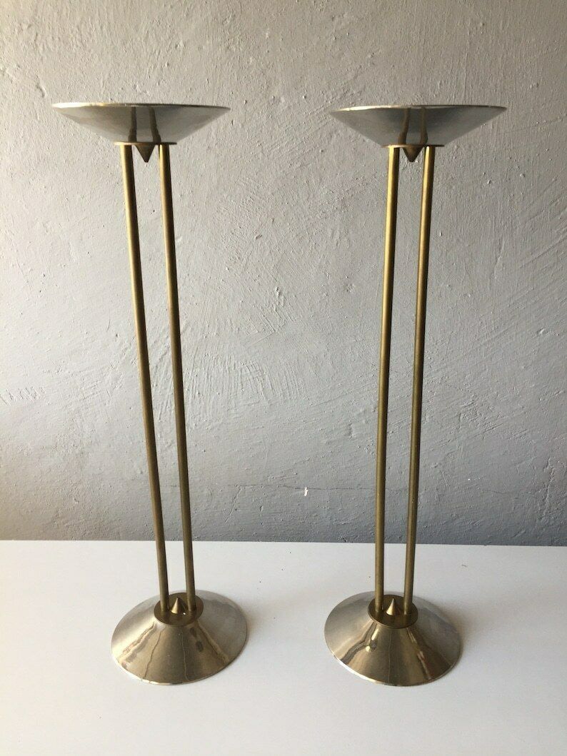 60s Metal And Brass Pair Of Floor Candleholder   Mid Century Modern Large Candlesticks photo for sale
