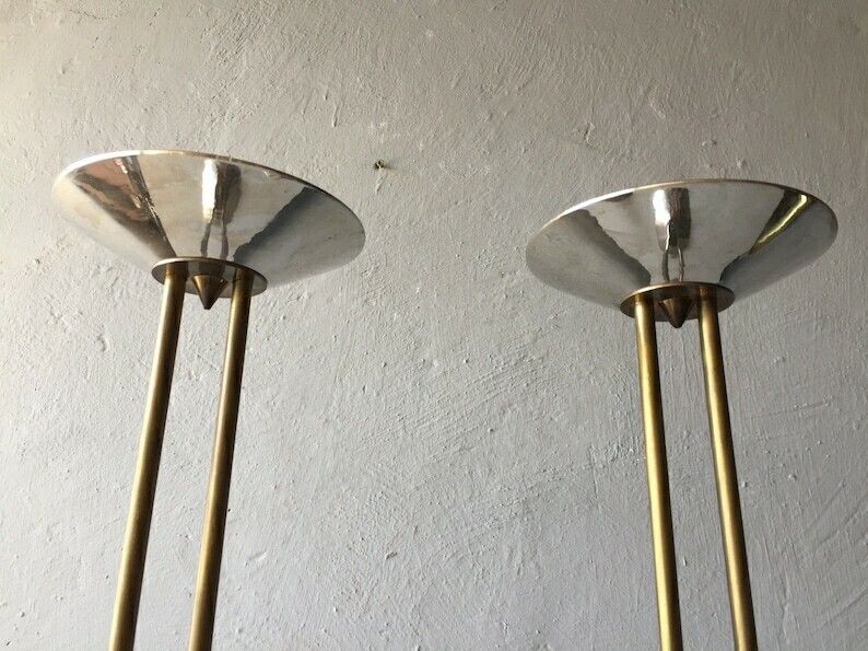 60s Metal And Brass Pair Of Floor Candleholder   Mid Century Modern Large Candlesticks photo vintage