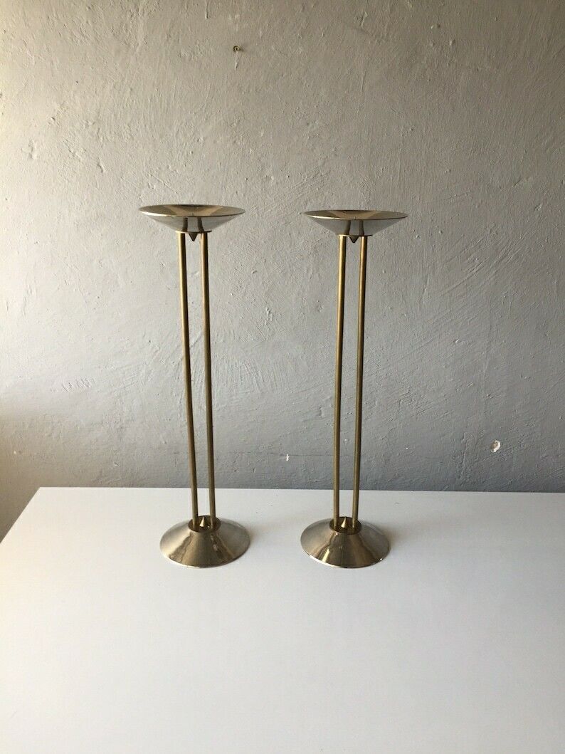 photo for sale 60s Metal And Brass Pair Of Floor Candleholder   Mid Century Modern Large Candlesticks