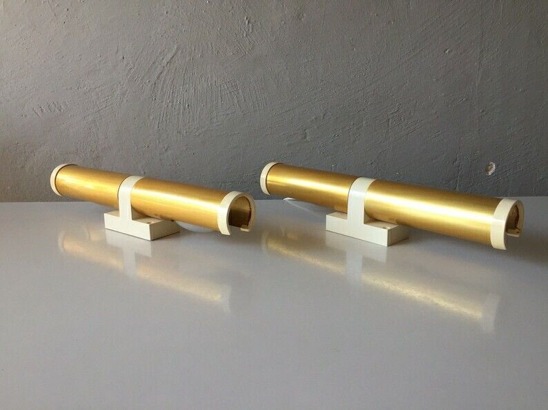 Erco 70s Pair Of Wall Sconces   Gold Coloured Metal Body   Plastic Base   Twin Head German Lighting