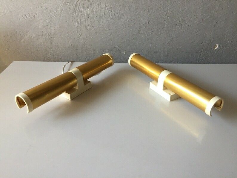 Erco 70s Pair Of Wall Sconces   Gold Coloured Metal Body   Plastic Base   Twin Head German Lighting photo for sale