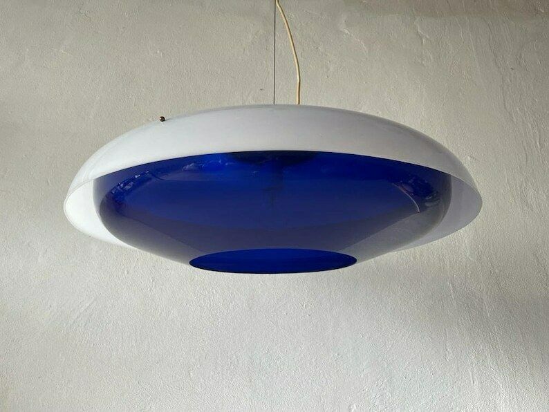 Italian Ufo Design Blue & White Plexiglass Xxl Pendant Lamp, 1970s, Italy