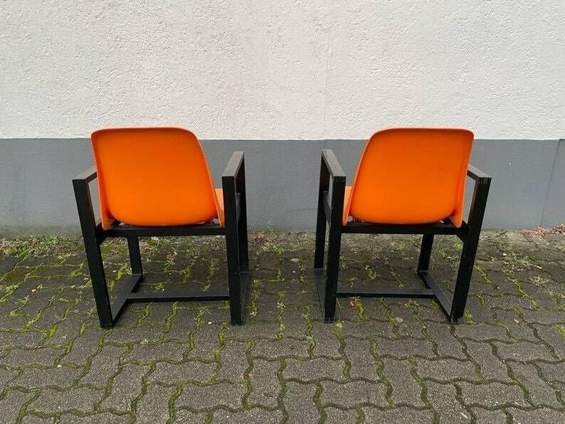 Space Age Orange Plastic Seat And Wood Frame Pair Of Chairs By Möbel Mann, 1960s, Germany photo vinterior