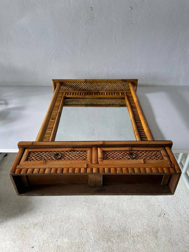 Beautifully Hand Crafted Bamboo Xl Wall Mirror With 2 Drawers, 1960s photo furniture