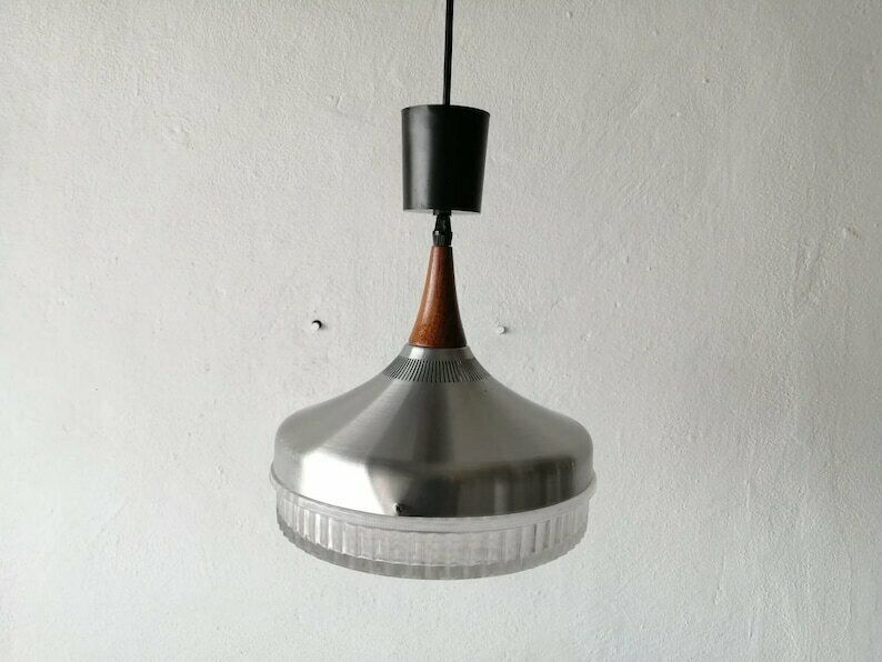 Bubble Glass & Metalic Body Ceiling Lamp   Teak Top Detail   1960s Germany photo for sale