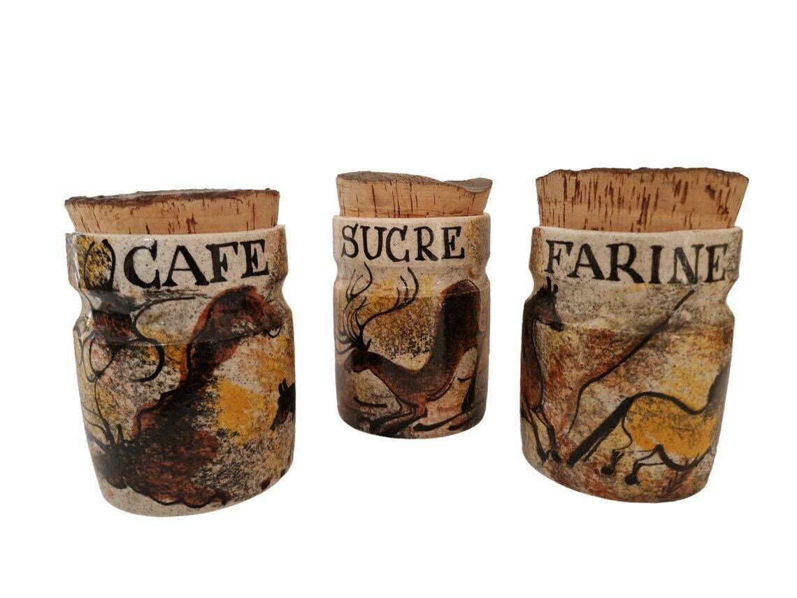 French Pottery Kitchen Canister Set With Cave Paintings Of Prehistoric Animals, Set Of 3, Flour, Sugar And Coffee Jars photo furniture