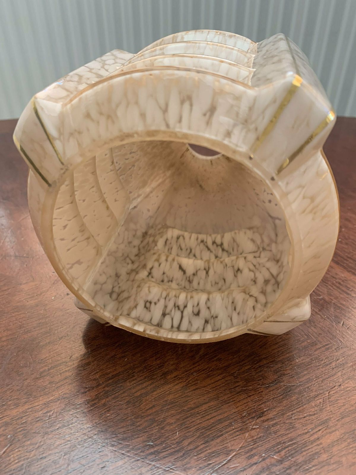 photo for sale Original Iconic Pair Of Art Deco Skyscraper Stepped Ceiling Frosted Glass Light Shades In Pale Pink Marbling & Gold Trim