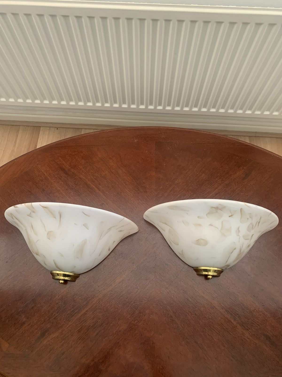 A Classy Vintage Pair Of Art Deco Style Cased Glass Odeon Wall Lights/Sconces White Marbled Effect