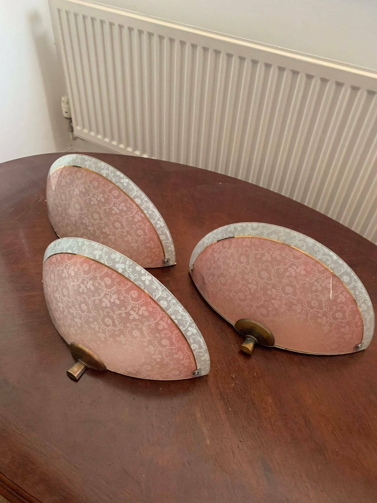Original Vintage Trio Of Art Deco Odeon Pink & White English 50s Mcm Lace Pattern Wall Lights/Sconces photo furniture