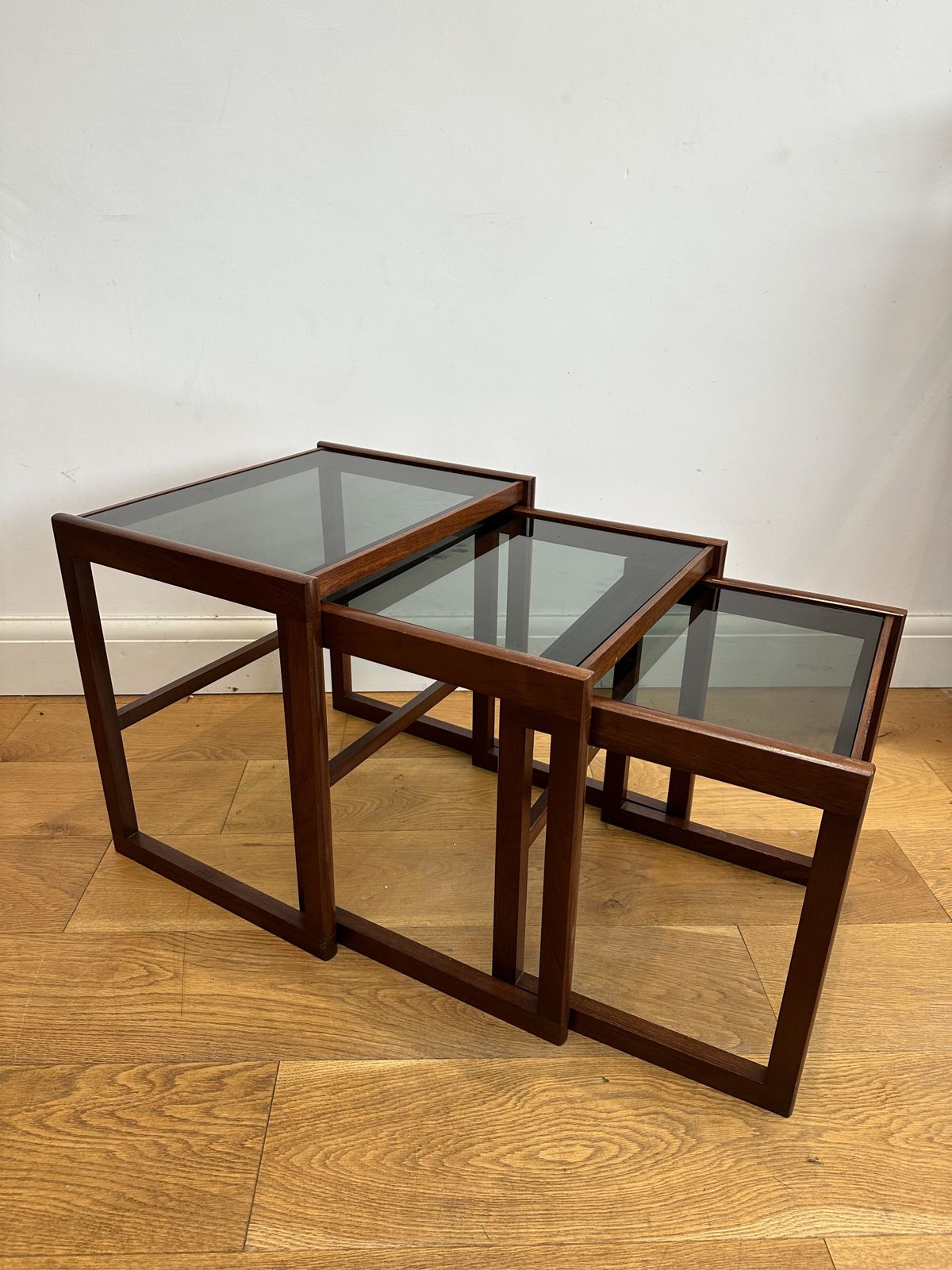 Rosewood  Danish Midcentury Smoked Glass Nest Of 3 Tables