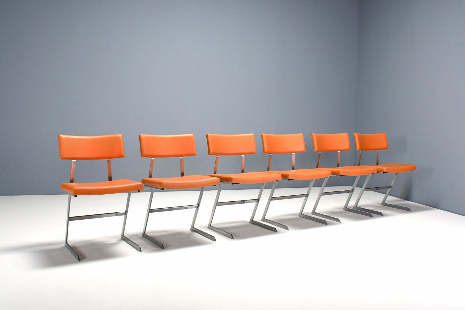 Set Of Six ‘Zig Zag’ Chairs In Metal And Orange Leatherette, Belgium 1960s photo for sale