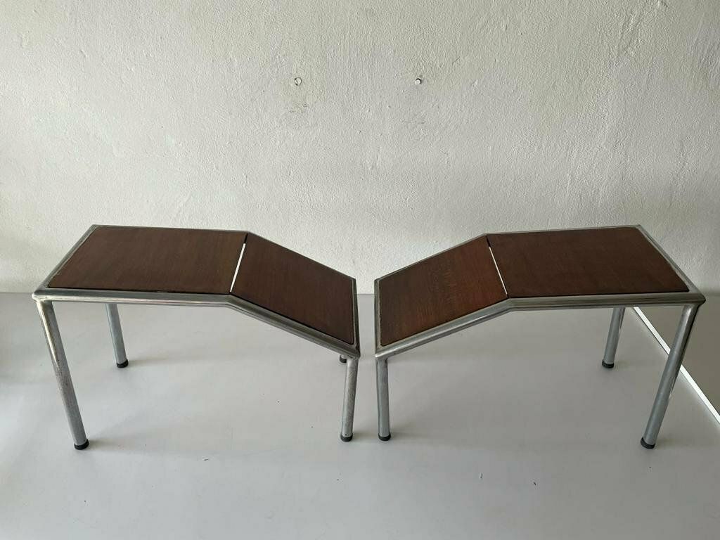 Italian Design Wooden And Thick Metal Body Pair Of Shoe Fitting Stools Or Tables For Creative Purposes, 1970s, Italy