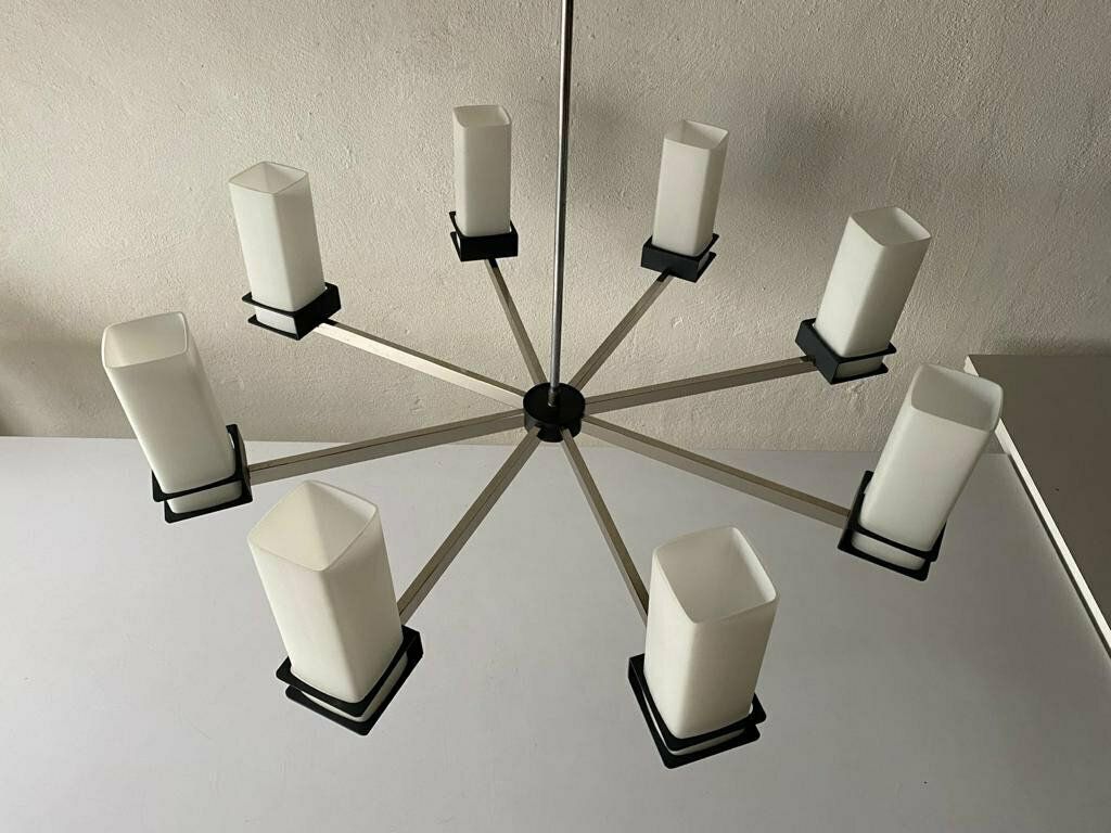 Excellent 8 Cylinder Opal Glass Tubes And Black Chrome Metal Body Atomic Xxl Chandelier, 1970s, Germany photo furniture