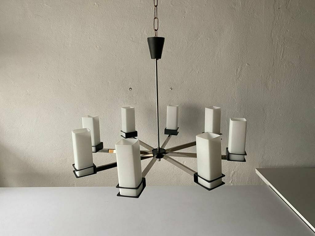 Excellent 8 Cylinder Opal Glass Tubes And Black Chrome Metal Body Atomic Xxl Chandelier, 1970s, Germany photo for sale