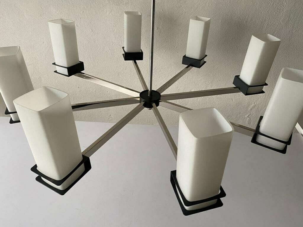 Excellent 8 Cylinder Opal Glass Tubes And Black Chrome Metal Body Atomic Xxl Chandelier, 1970s, Germany photo Lighting