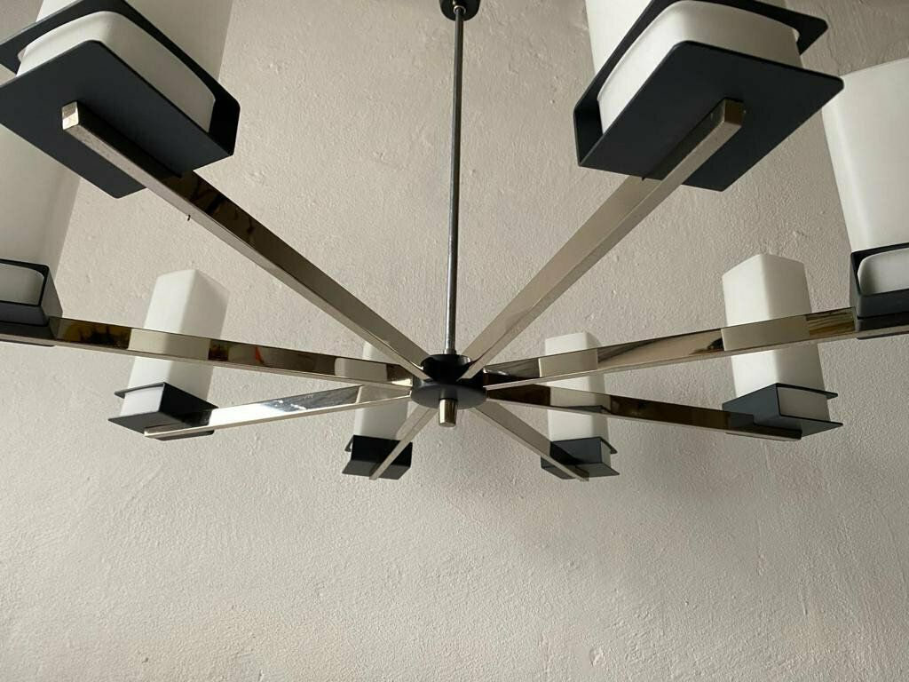Excellent 8 Cylinder Opal Glass Tubes And Black Chrome Metal Body Atomic Xxl Chandelier, 1970s, Germany photo 2823.0