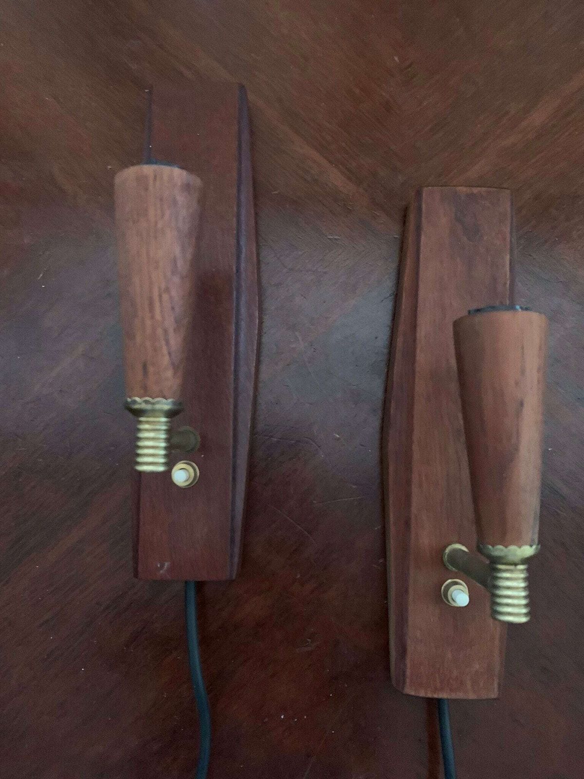 Iconic Pair Of Vintage Laoni Belysning Danish 60s Switched Wall Lights/Sconces Teak & Brass