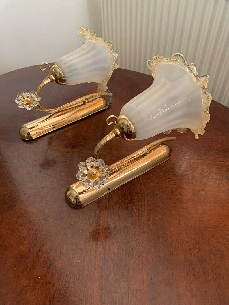 Exquisite Original Vintage Pair Of Gold Plated Odeon Wall Lights With Hand Blown Murano Shades & Swarovski Crystal Flowers
