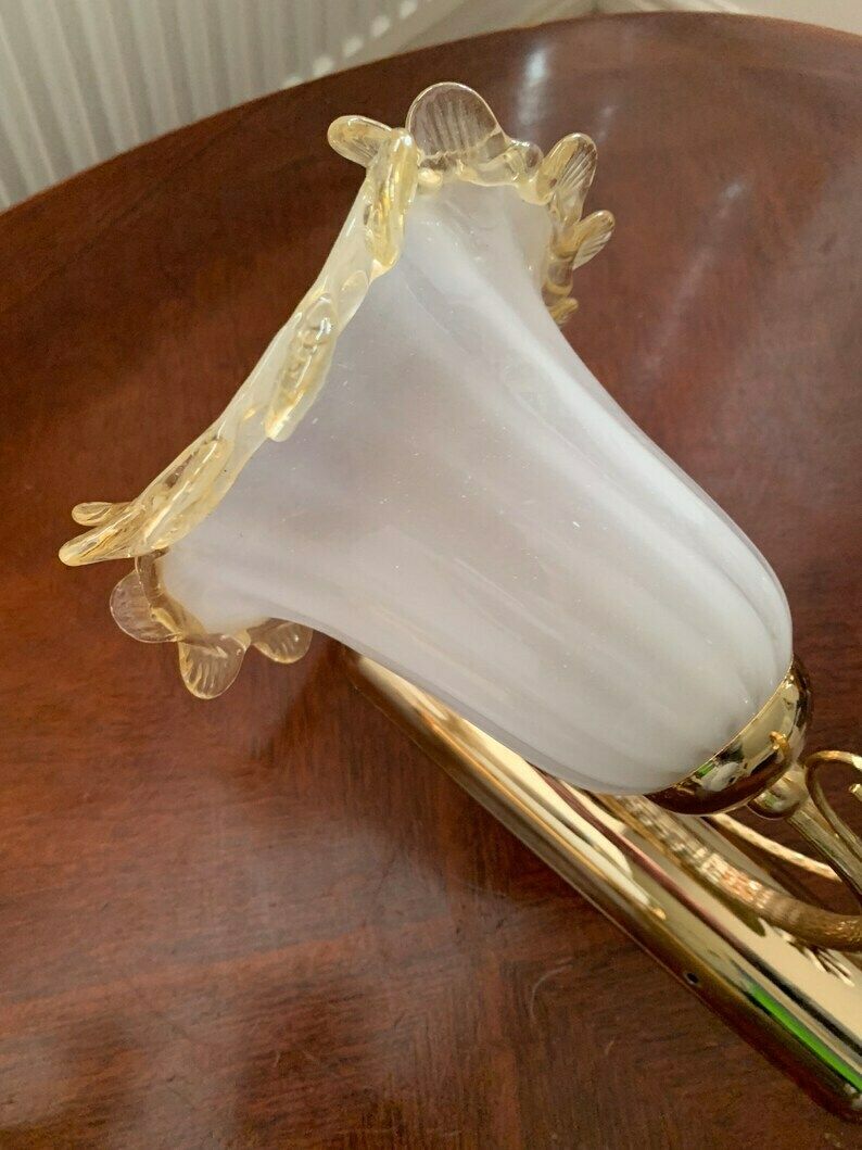 Exquisite Original Vintage Pair Of Gold Plated Odeon Wall Lights With Hand Blown Murano Shades & Swarovski Crystal Flowers photo vintage