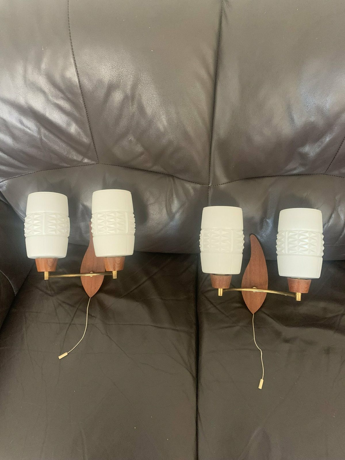 Original Mcm Vintage Retro 60s Pair Of Danish Double Pull Chord Wall Lights/Sconces Teak & Opaline Glass Superb