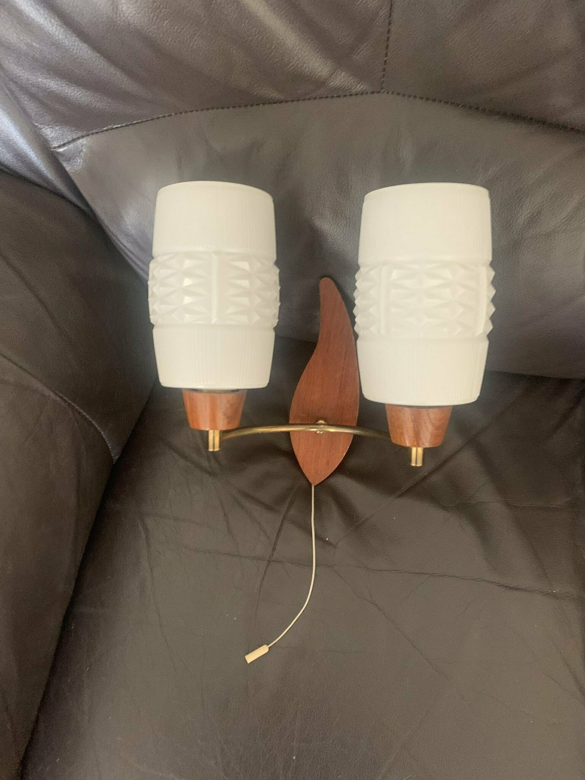 Original Mcm Vintage Retro 60s Pair Of Danish Double Pull Chord Wall Lights/Sconces Teak & Opaline Glass Superb photo furniture