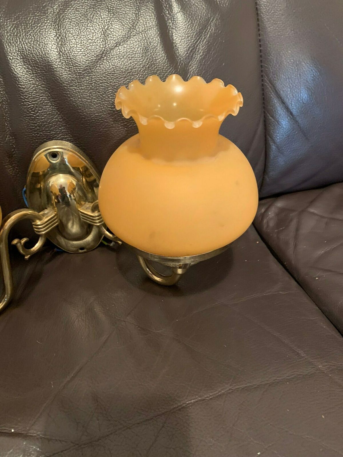 Original Vintage Mcm 70s 80s Retro Brass & Matt Peach Glass Double Wall Light/Sconce photo for sale