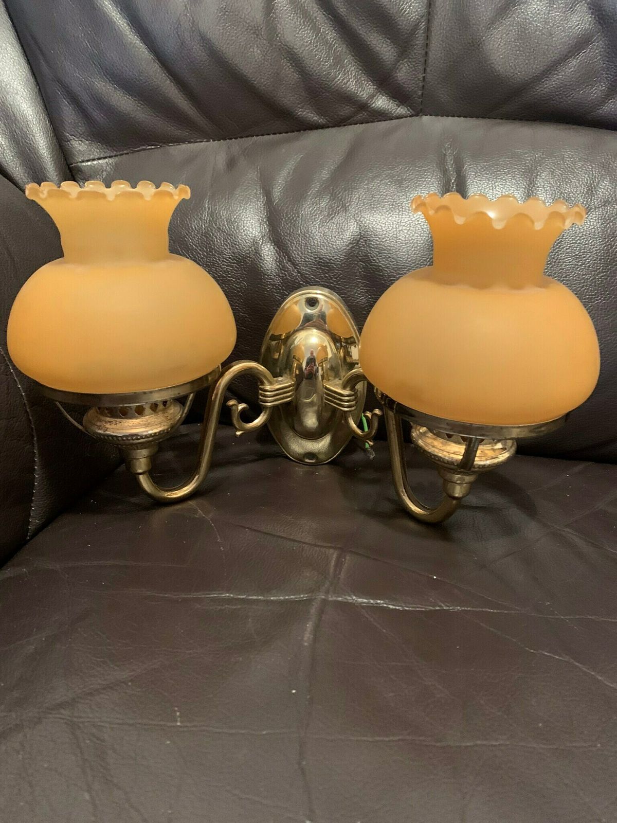 Original Vintage Mcm 70s 80s Retro Brass & Matt Peach Glass Double Wall Light/Sconce photo vintage