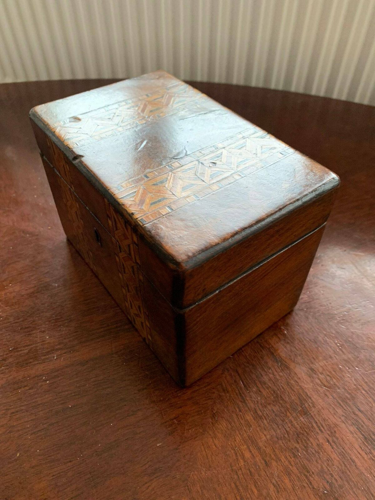 Antique Early Victorian Inlaid Marquetry Banded Walnut Tea Caddy photo for sale